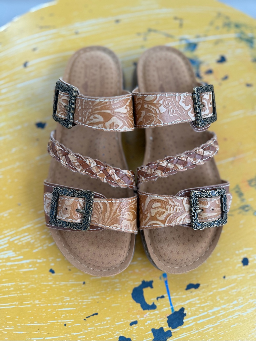 Brown Braided Strap Sandals with Decorative Buckles - Picture 2 of 5